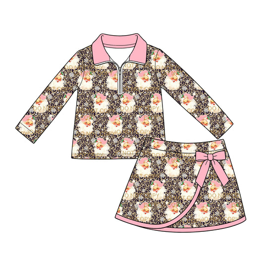 ( Moq 5 ) Baby Girls Kids Christmas Santa Leopard Zipper Shirt Bows Skirt Shorts Set Clothes