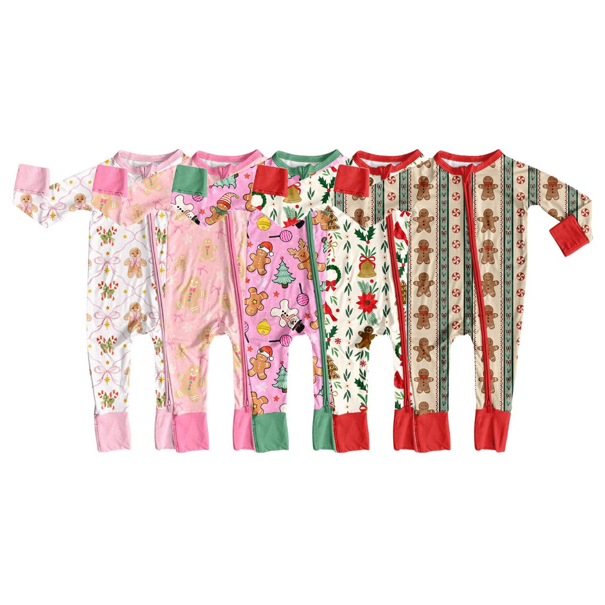 ( Moq 5 Each Style ) Sibling Baby Girls Infant Christmas Bows Gingerbread Zipper Footie Sleeper Rompers Clothes