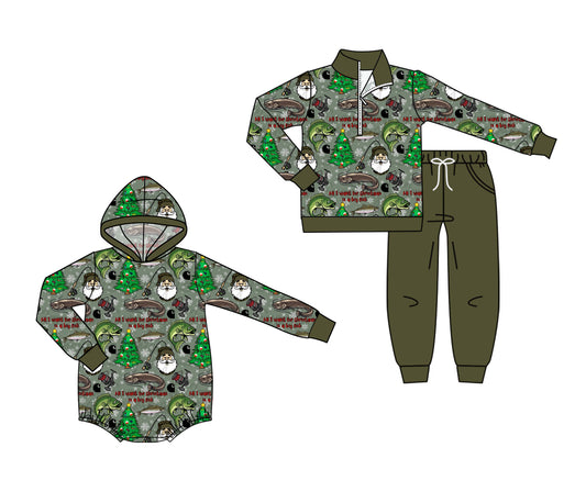 ( Moq 5 Each Style ) Sibling Baby Boys Kids Long Sleeves Christmas Santa Fishing Romper Set Clothes