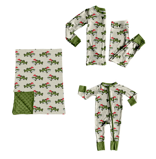 ( Moq 5 ) Sibling Baby Boys Kids Fish Stripes Christmas Zipper Romper Set Blanket Clothes