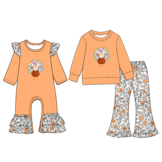 ( Moq 5 Each Style ) Sibling Baby Girls Kids Long Sleeves turkey floral Thanksgiving Romper Set Clothes