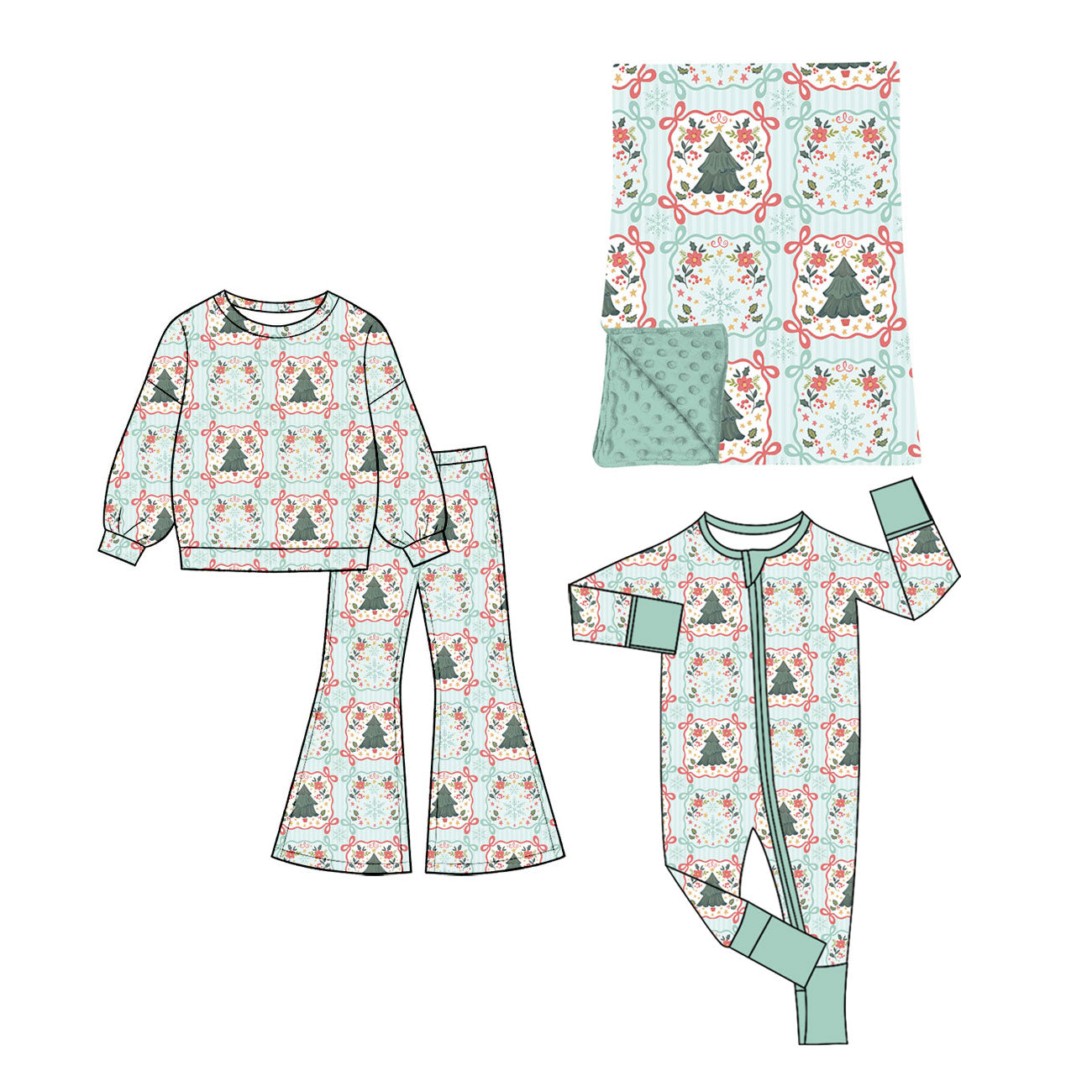 ( Moq 5 each style ) Sibling Baby Girls Kids Christmas Tree Bows Zipper Romper Set Blanket Clothes