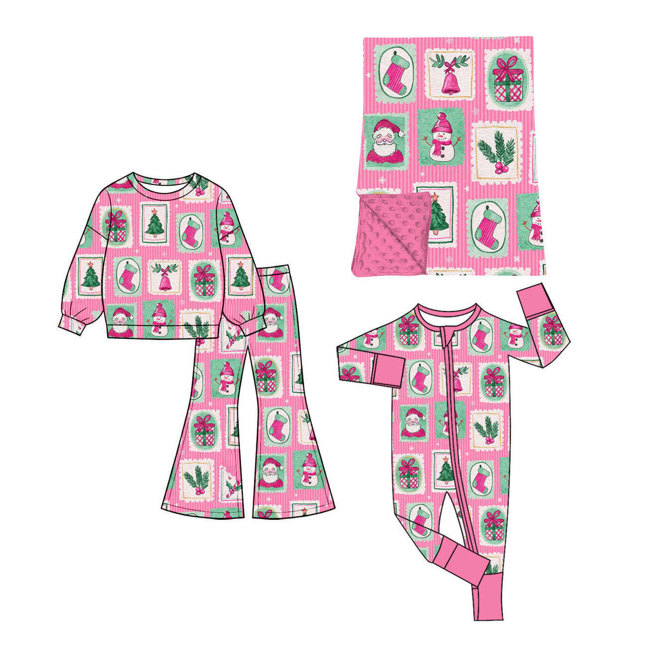 ( Moq 5 each style ) Sibling Baby Girls Kids Christmas Zipper Romper Set Blanket Pink Clothes