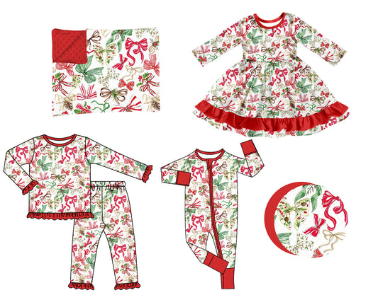 ( Moq 5 Each Style ) Baby Girls Kids Christmas Bows Sibling Romper Dress Set Blanket Clothing