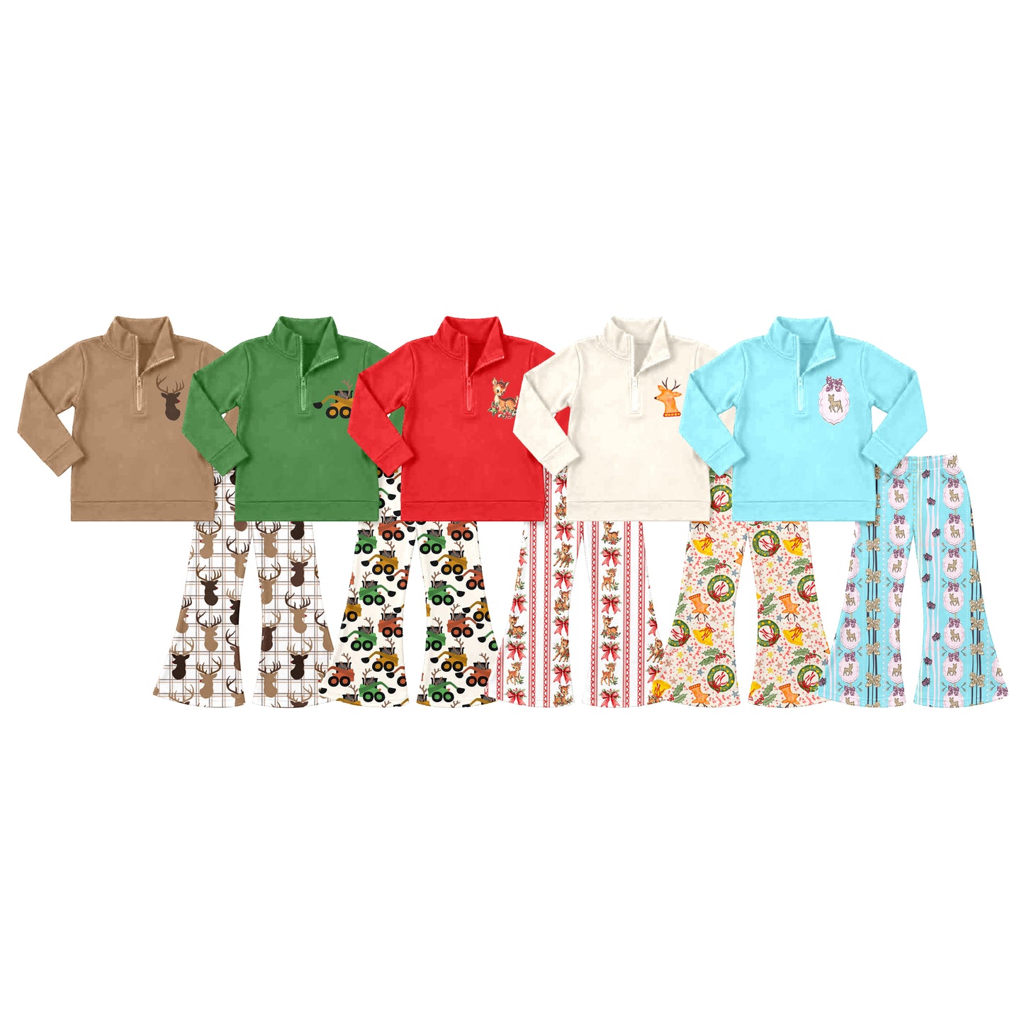 ( Moq 5 Each Style ) Sibling Baby Girls Kids Long Sleeves Zipper Pullovers Bell Pants Christmas Sets Clothes