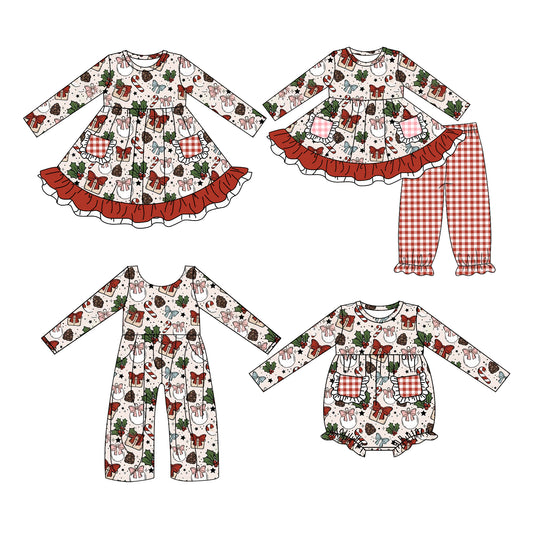 ( Moq 5 Each Style ) Baby Girls Kids Christmas Bows Pockets Sibling Romper Dress Jumpsuit Set Clothing