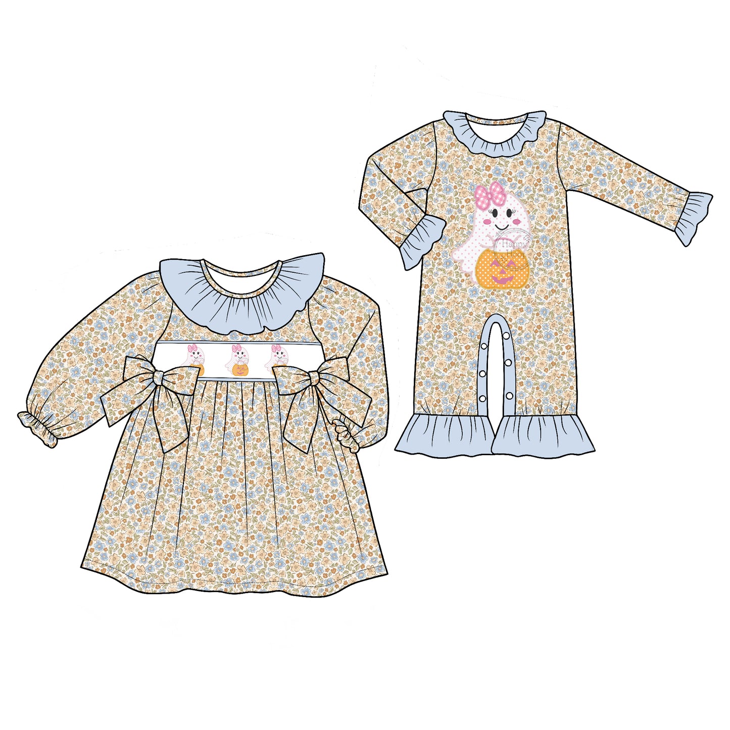 ( Moq 5 Each Style ) Baby Girls Kids Ghosts Pumpkins Floral Halloween Sibling Romper Dress Clothing
