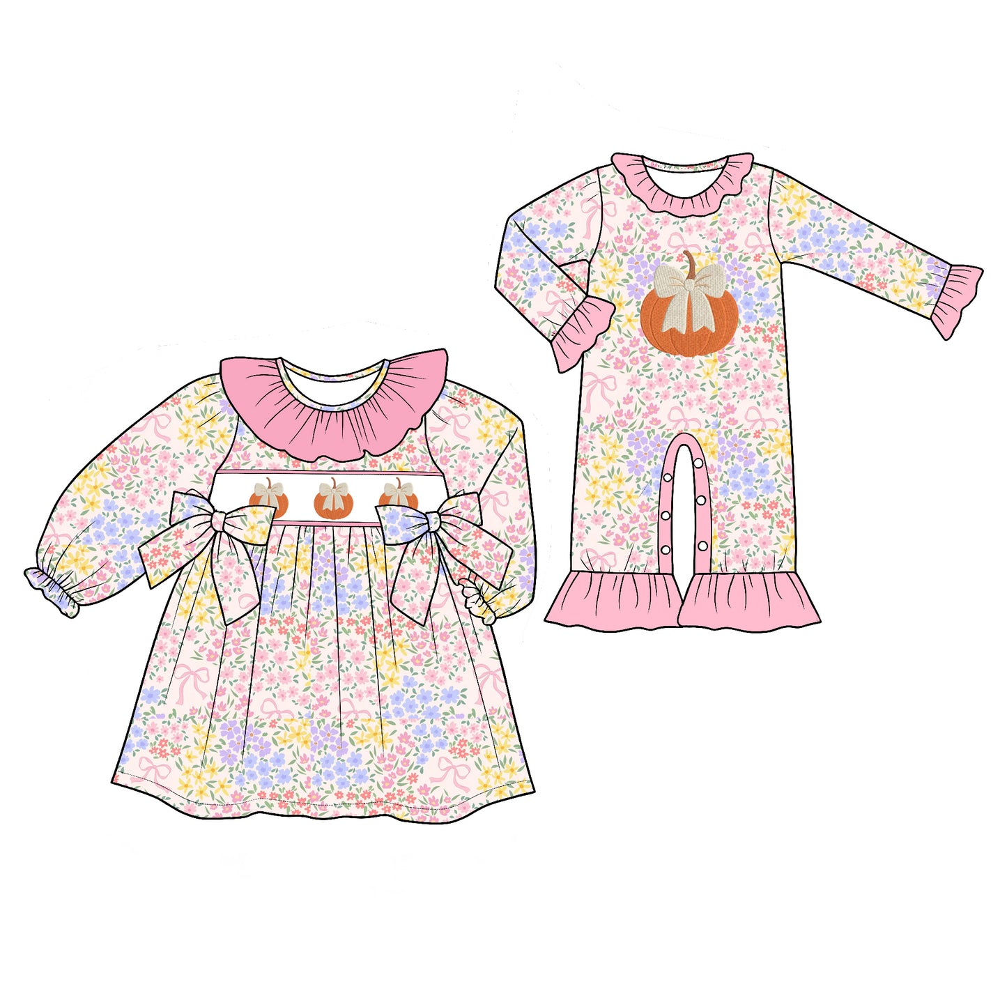 ( Moq 5 Each Style ) Baby Girls Kids Pumpkins Bows Floral Fall Sibling Romper Dress Clothing