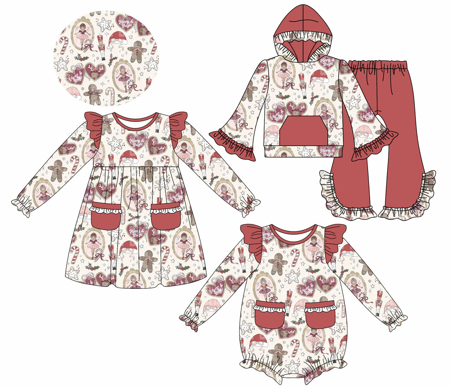 ( Moq 5 Each Style ) Sibling Baby Girls Kids Christmas Gingerbread Pockets Romper Dress Set Clothes