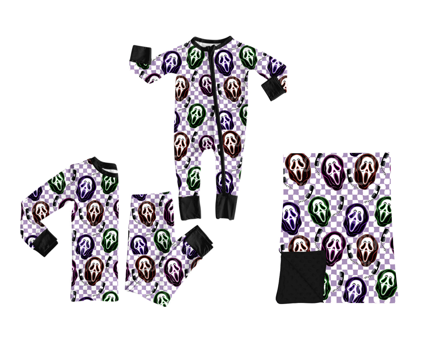 ( Moq 5 ) Sibling Baby Boys Kids Ghosts Checked Halloween Zipper Romper Set Blanket Clothes