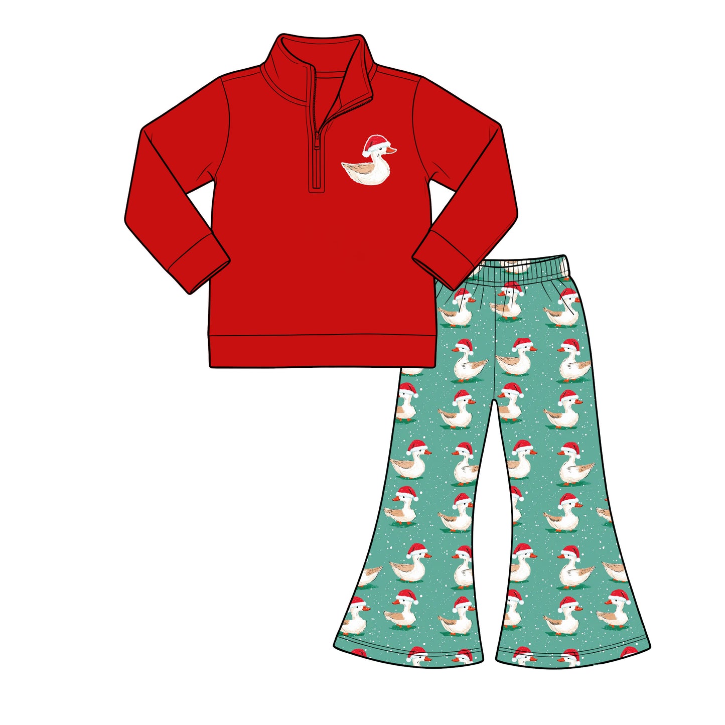 ( Moq 5 ) Baby Girls Toddler Long Sleeves Zipper Red Pullover Ducks Pants Christmas Clothes Set