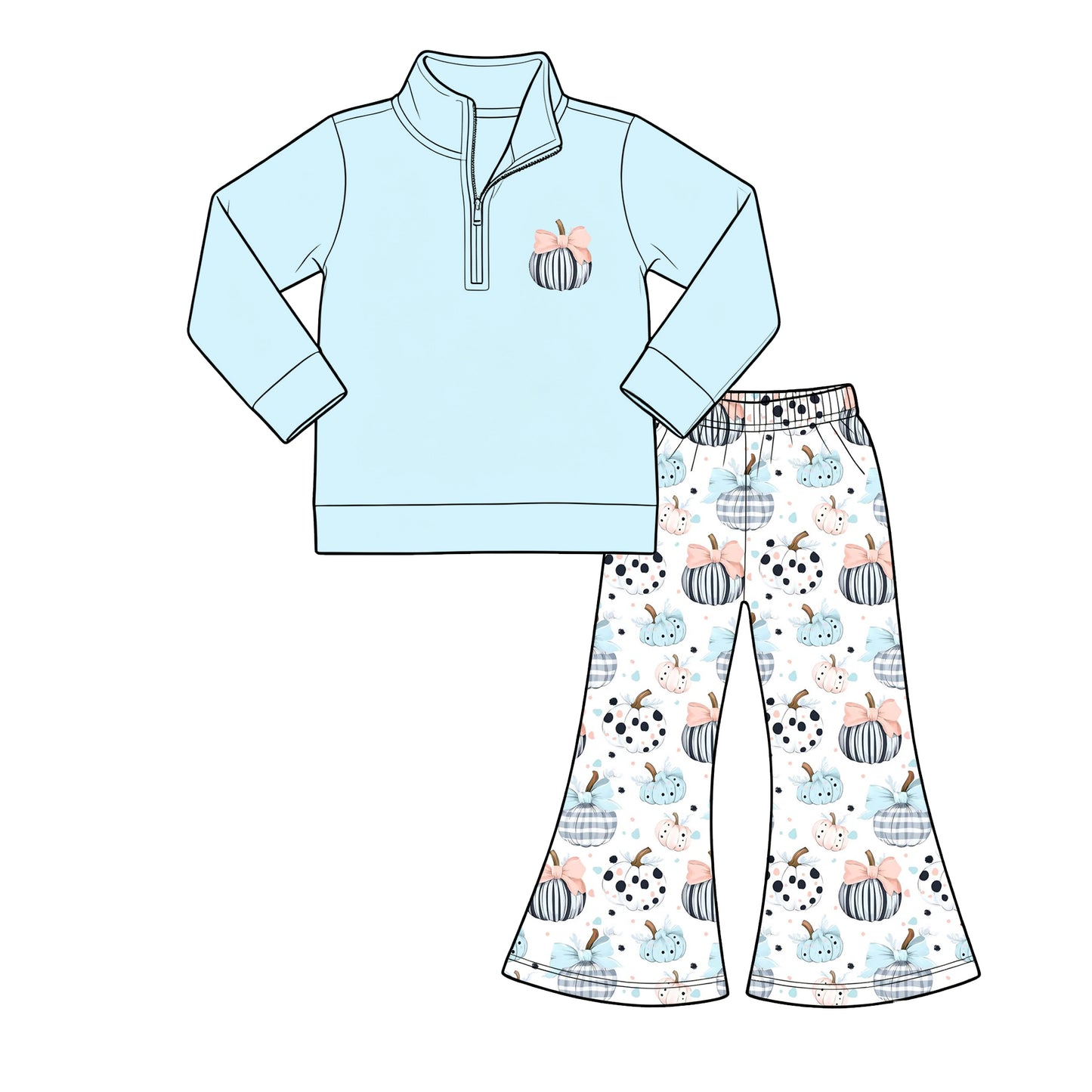 ( Moq 5 ) Baby Girls Toddler Long Sleeves Zipper Blue Pullover Pumpkins Bows Pants Fall Clothes Set