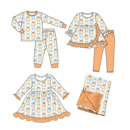 ( Moq 5 ) Sibling Baby Girls Kids Pumpkins Bows Stripes Fall Dress Sets Blanket Clothes