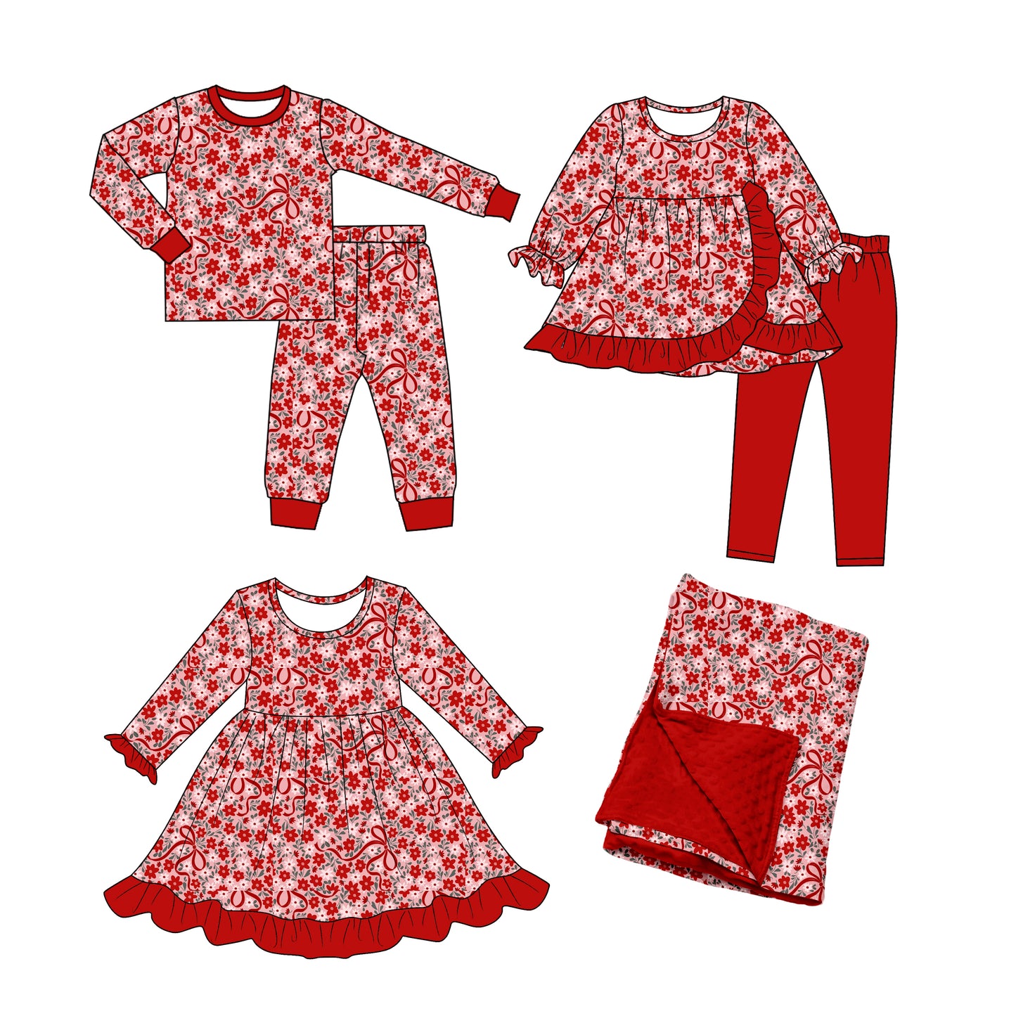 ( Moq 5 ) Sibling Baby Girls Kids Long Sleeves Floral Bows Red Dress Sets Blanket Clothes