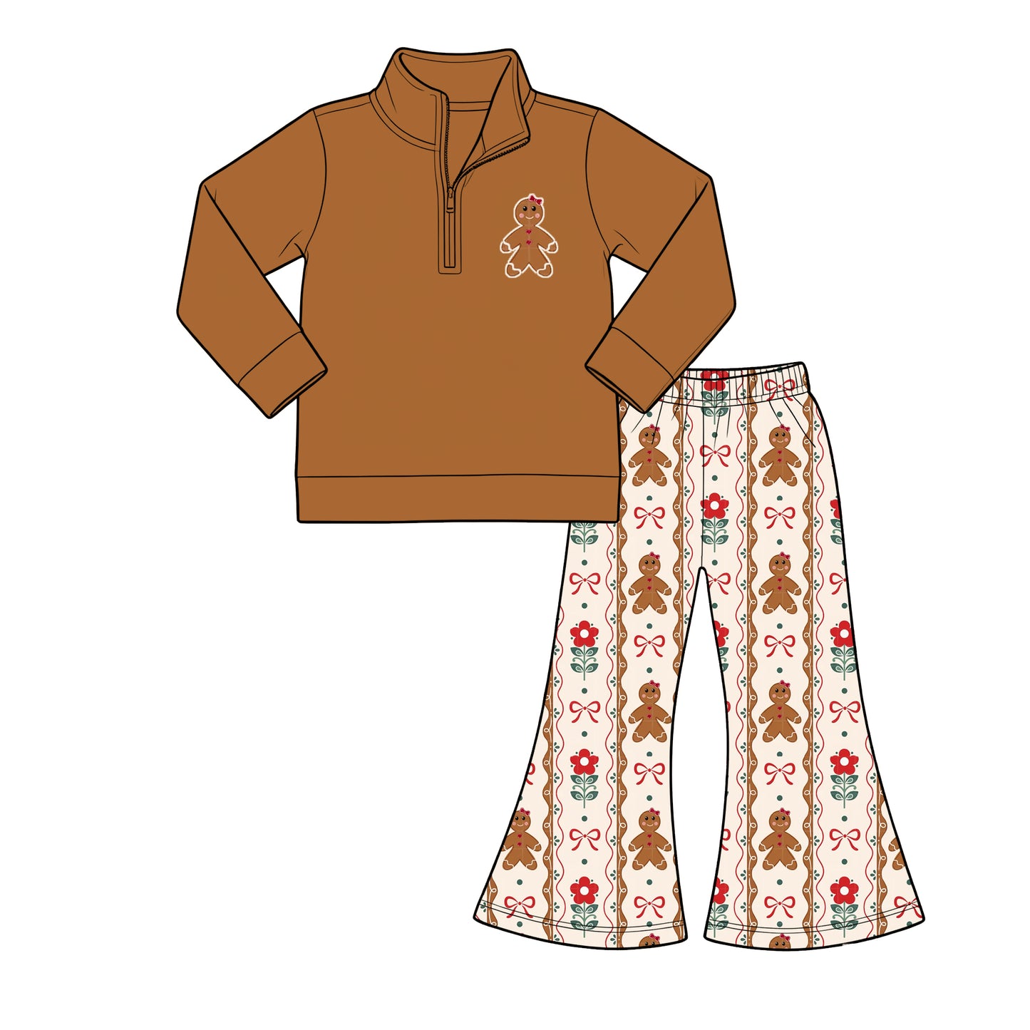 ( Moq 5 ) Baby Girls Toddler Zipper Brown Pullover Christmas Flower Gingerbread Bows Pants Clothes Set