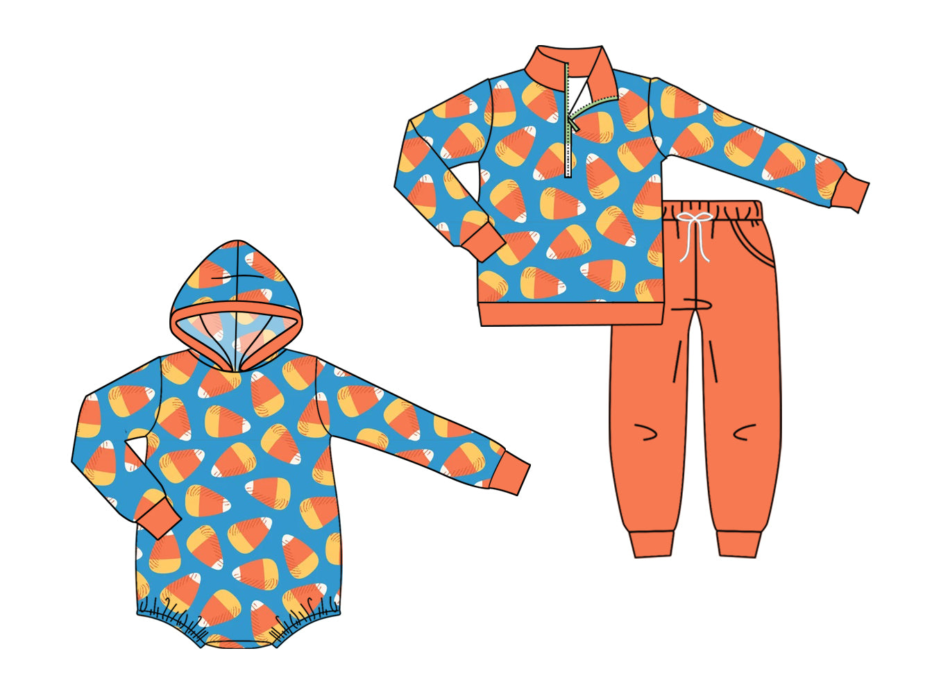 ( Moq 5 Each Style ) Sibling Baby Boys Kids Long Sleeves Candy Corn Halloween Romper Set Clothes
