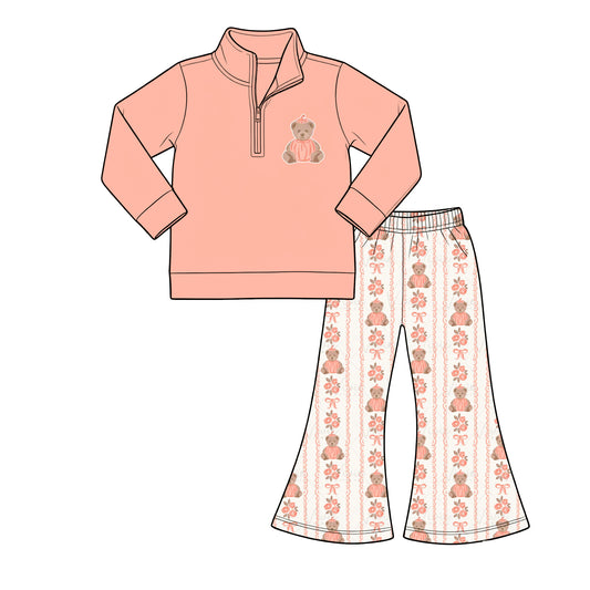 ( Moq 5 ) Baby Girls Toddler Long Sleeves Zipper Pullover Pumpkins Bows Flower Pants Fall Clothes Set