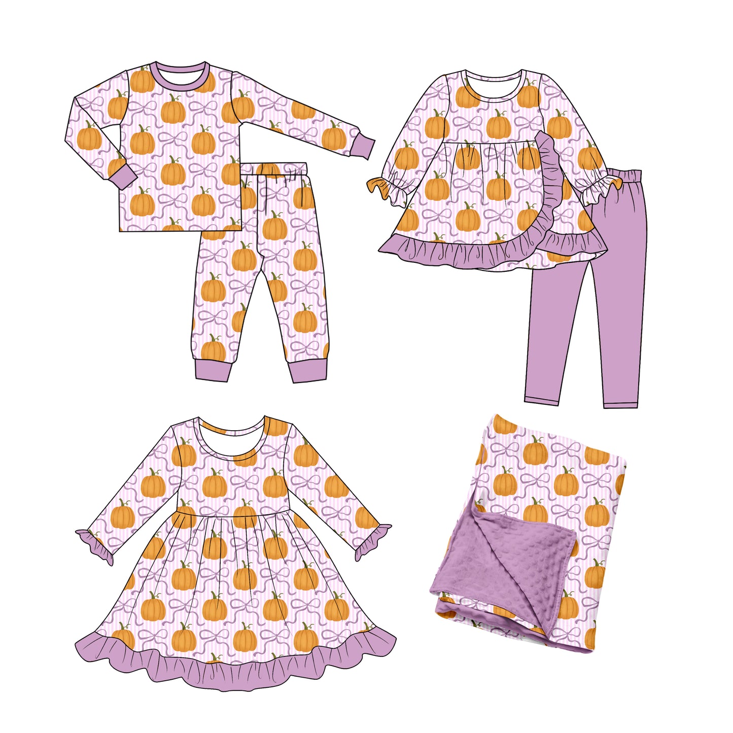 ( Moq 5 ) Sibling Baby Girls Kids Pumpkins Purple Bows Fall Dress Sets Blanket Clothes