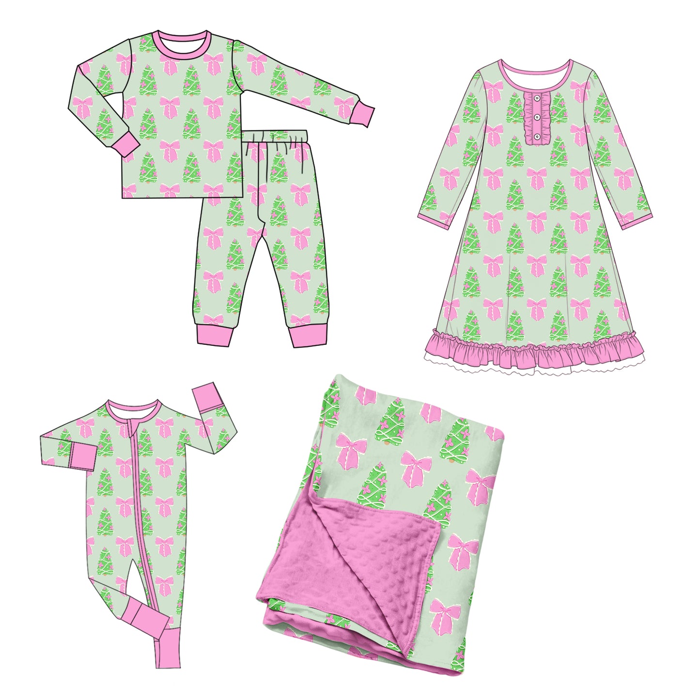 ( Moq 5 Each Style ) Baby Girls Kids Christmas Tree Bows Sibling Romper Nightgown Dress Set Blanket Clothes