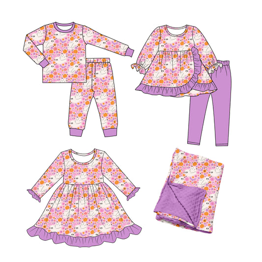 ( Moq 5 ) Sibling Baby Girls Kids Pumpkins Ghosts Flower Fall Dress Sets Blanket Clothes