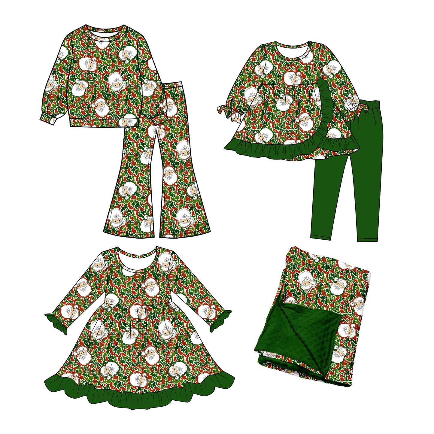 ( Moq 5 each style ) Sibling Baby Girls Kids Christmas Santa Camo Dress Sets Blanket Clothes