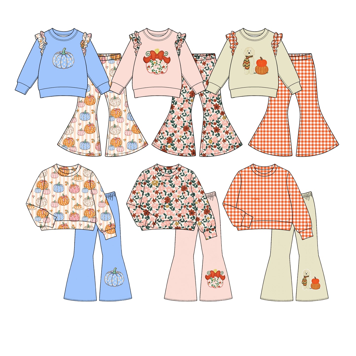 ( Moq 5 Each Style ) Sibling Baby Girls Kids Pumpkins Flower Shirts Bell Pants Sibling Fall Sets Clothes