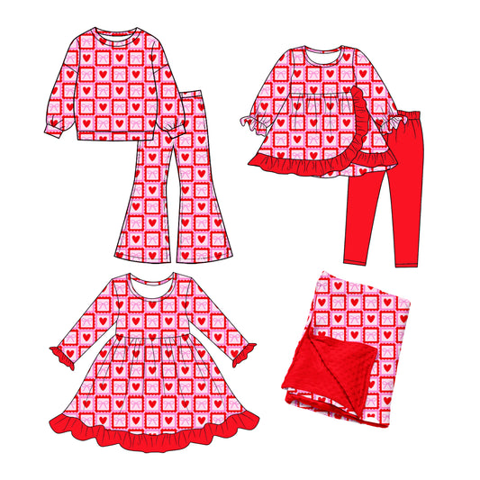 ( Moq 5 each style ) Sibling Baby Girls Kids Hearts Bows Valentine Dress Sets Blanket Clothes
