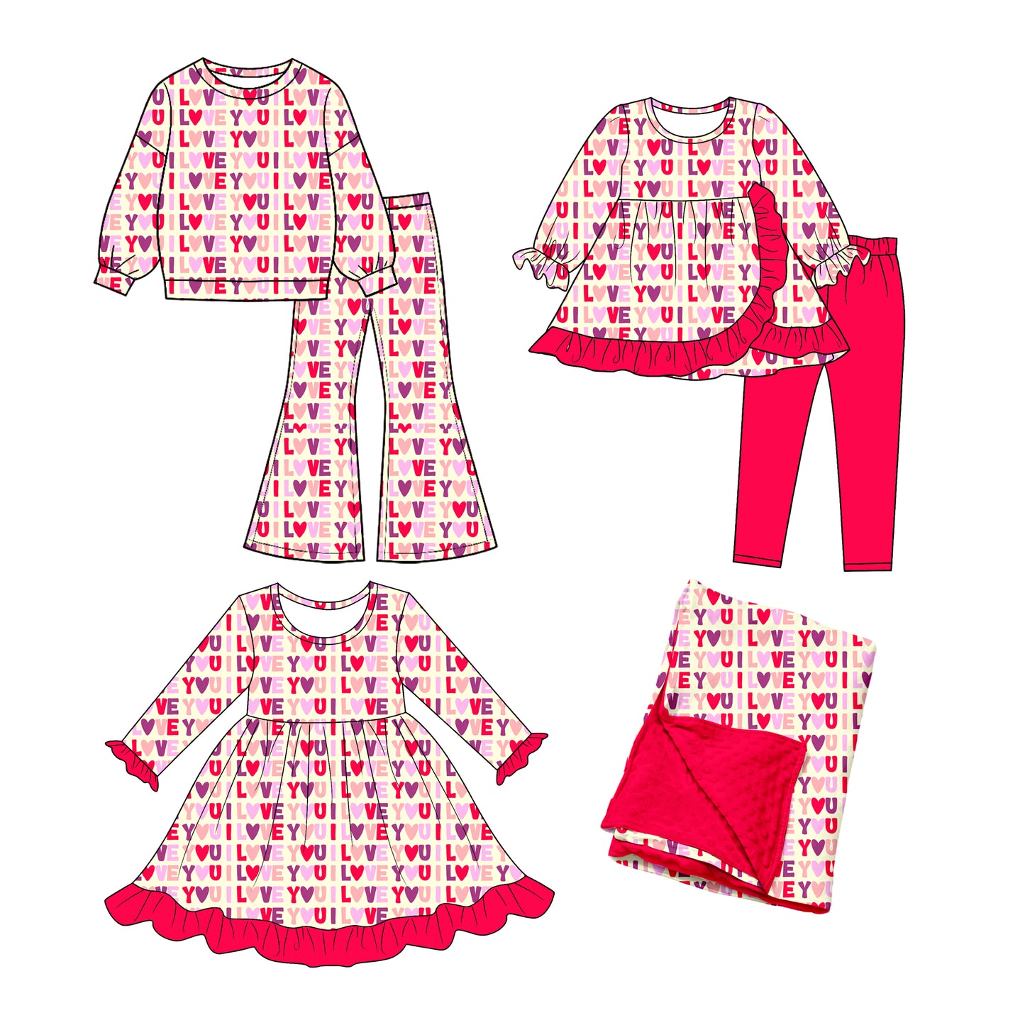 ( Moq 5 each style ) Sibling Baby Girls Kids Love You Valentine Dress Sets Blanket Clothes