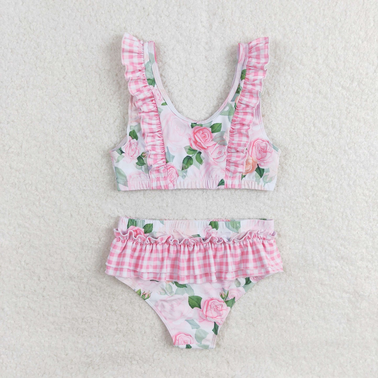 Baby Girl Summer Flower Tops Bummie Pink Plaid Swimsuit