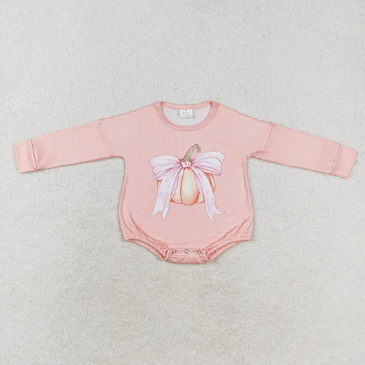 Baby Girl Long Sleeves Fall Pumpkin Bow Bubble Pink Romper