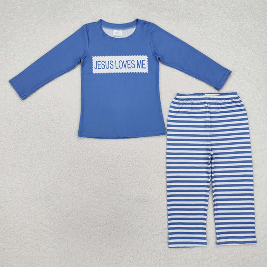 Pre-order Baby Boy Blue Stripes Jesus Loves Me Shirt Pants Set