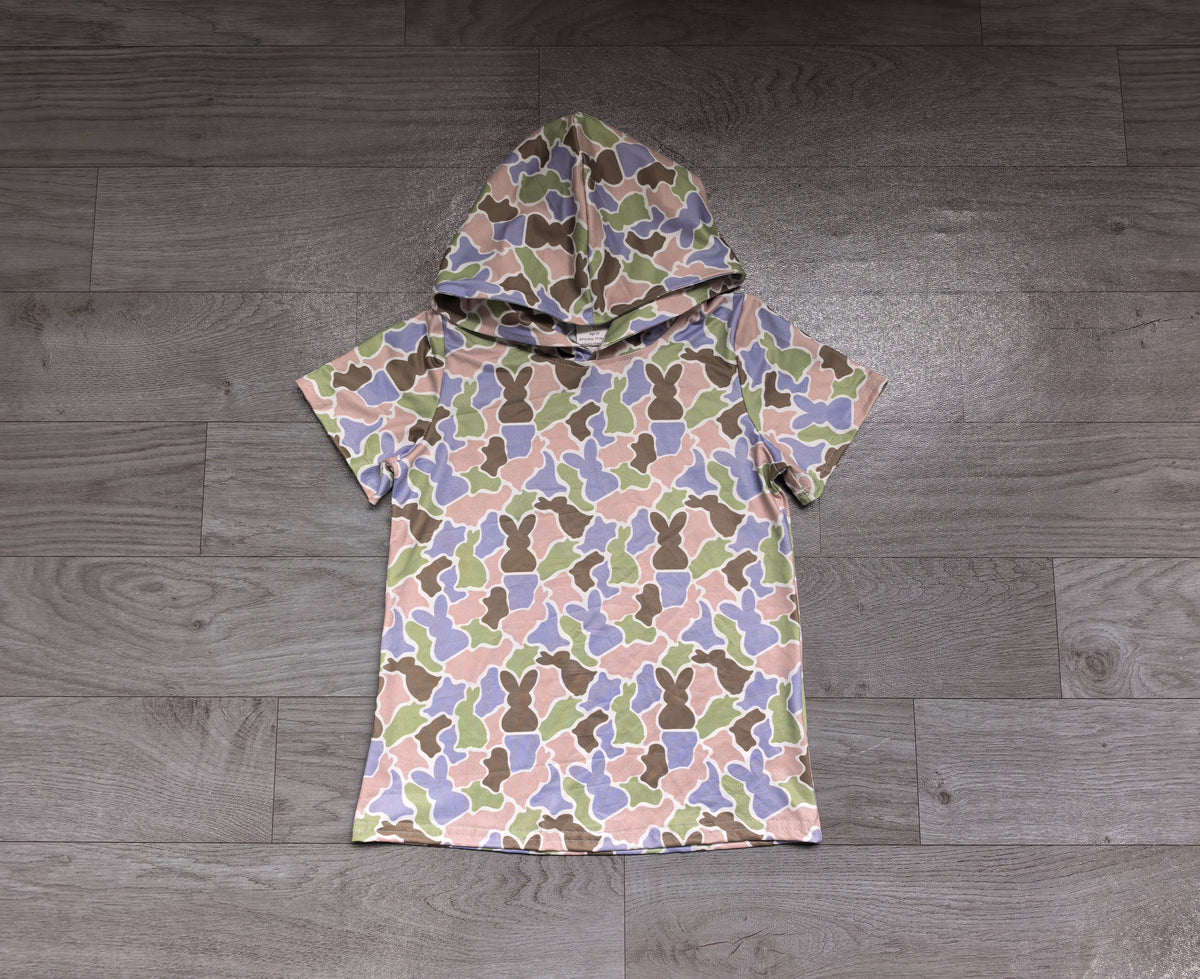 ( No moq ) Preorder Baby Girls Toddler Short Sleeves Rabbits Easter Hoodie Shirt Tops Camo Clothes