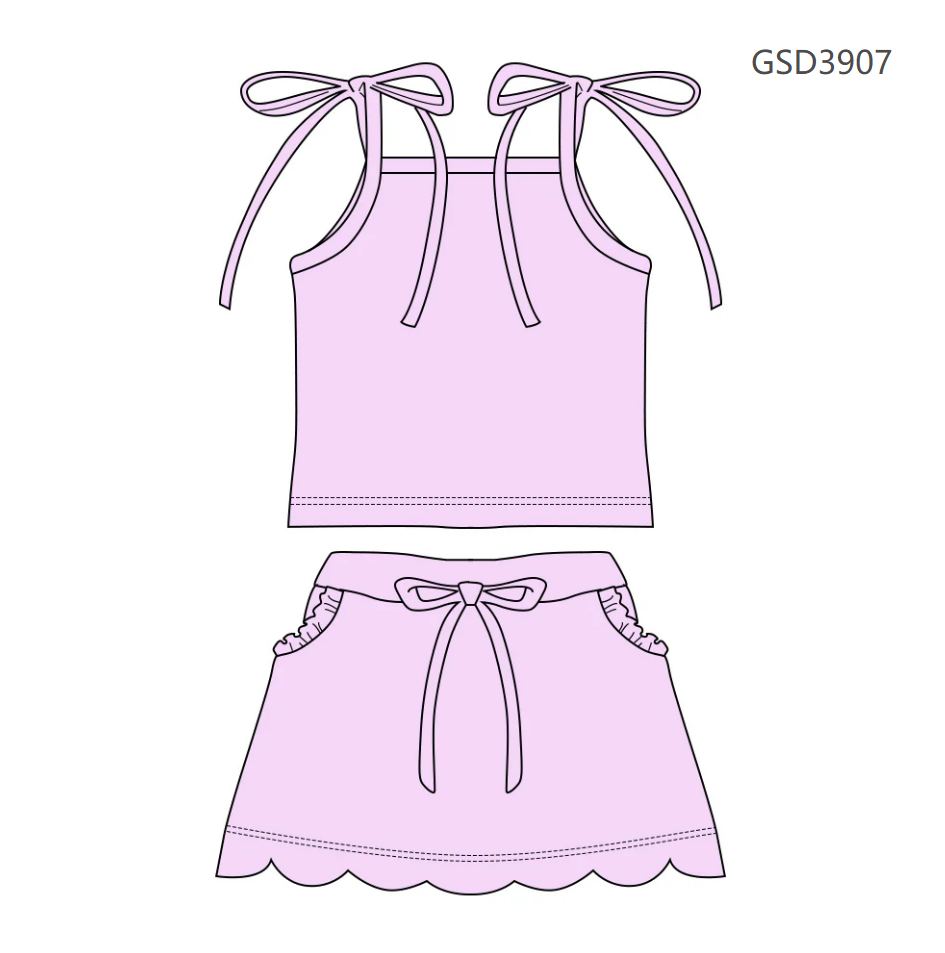 ( Moq 5 ) Preorder Baby Girls Straps Tops Pockets Scallop Skirt Shorts Purple Set Clothes