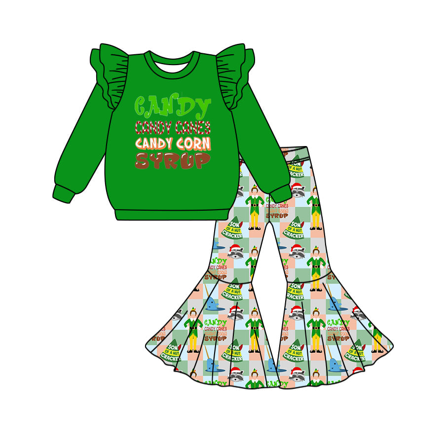 Baby Girl Christmas Shelf Candy Green Tops Bell Pants Clothes Set