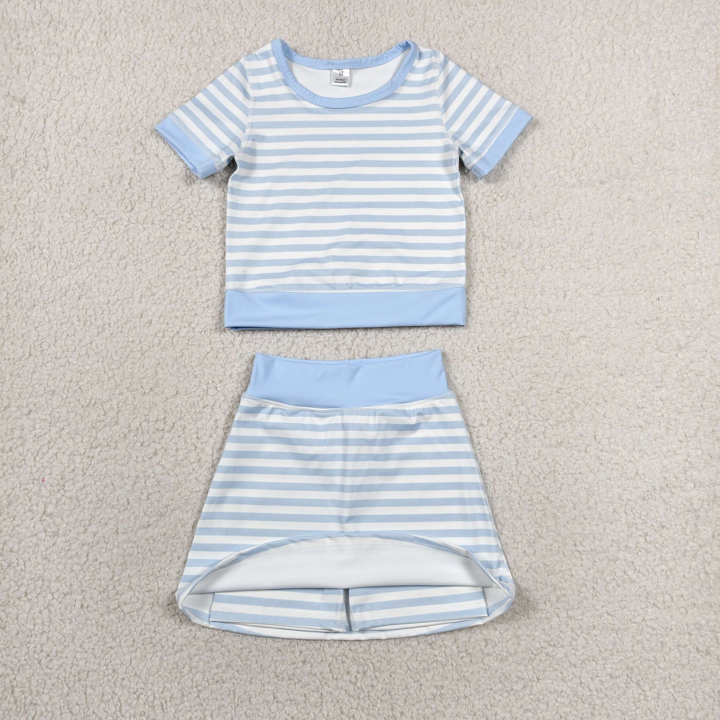 Baby Girls Kids Short Sleeves Shirt Blue Stripes Skirt Shorts Set Yoga Active Clothes RTS