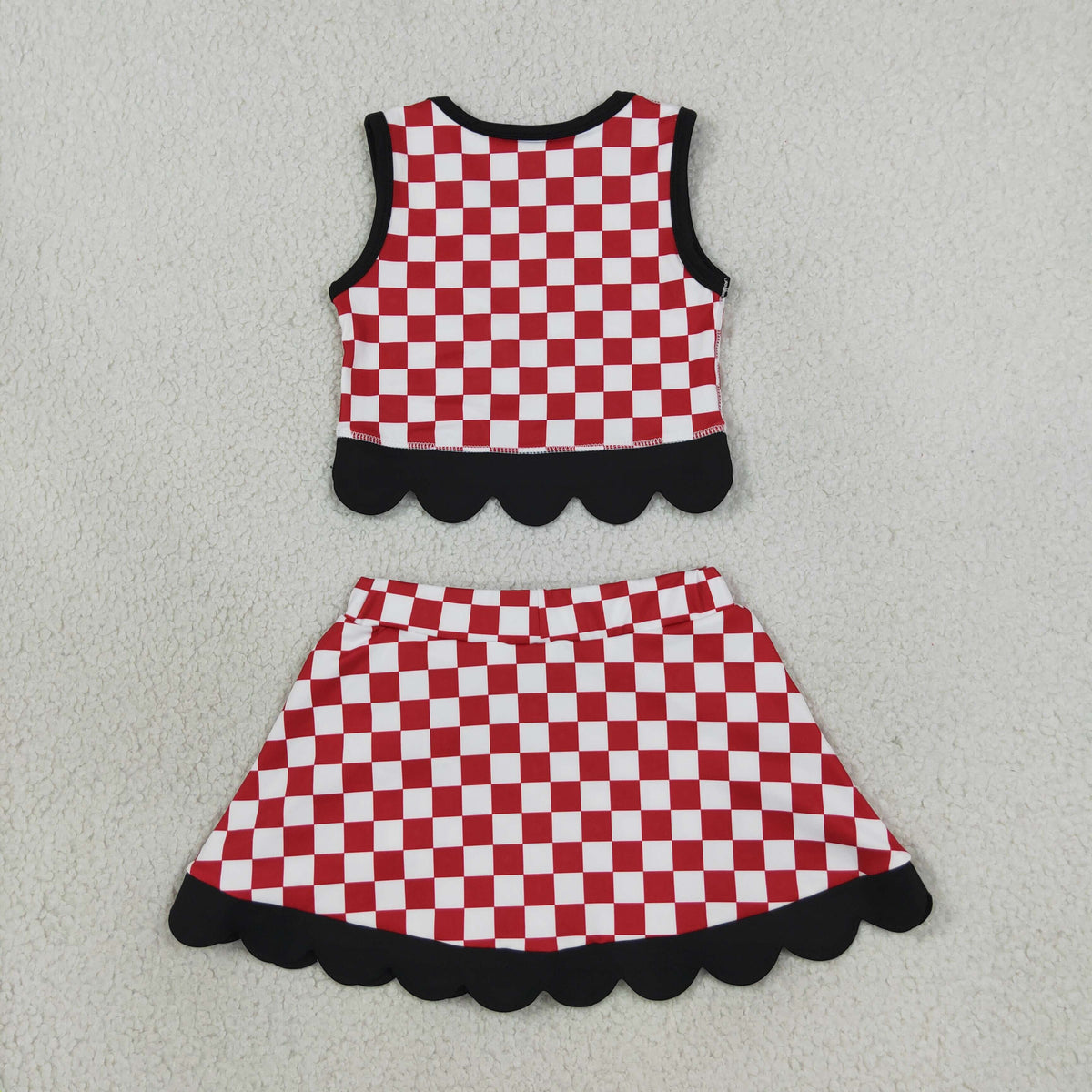 Baby Girls Kids Red Checked Shirt Scallop Bows Skirt Shorts Team Set Yoga Active Clothes RTS
