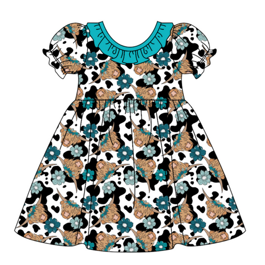 Baby Girl Short Sleeves Shirt Western Cow Flower Dress Moq 5