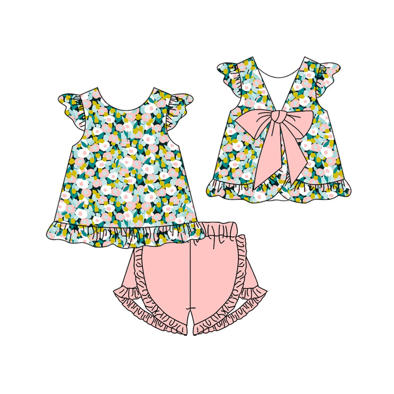 ( Moq 5 )  Preorder Baby Girl Flower Bows Tunic Pink Ruffle Shorts Set Summer Clothes