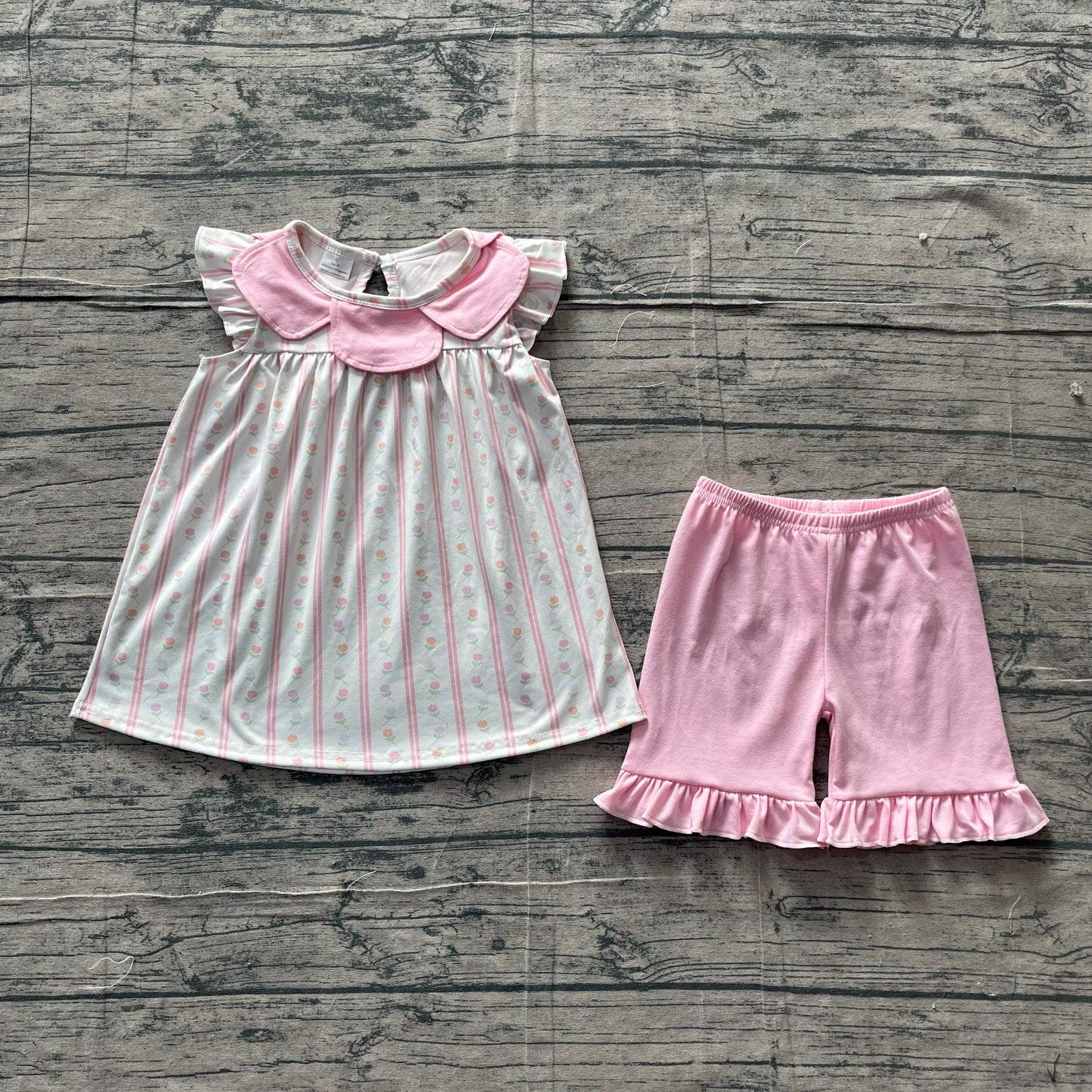 ( No moq ) Preorder Baby Girls Kids Summer Floral Stripes Tunic Pink Ruffle Shorts Clothes Set