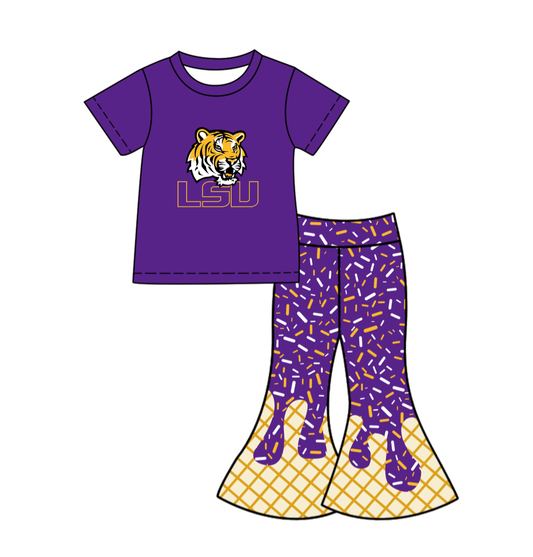 ( Moq 5 ) Baby Girls Purple Short Sleeves Tiger Shirt Drip Sprinkles Bell Pants Team Clothes Set