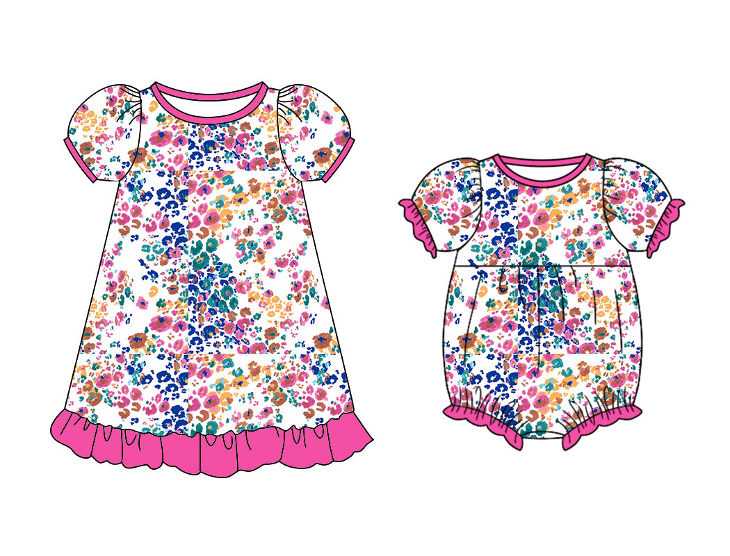 Baby Girl Short Sleeves Colorful Floral Sibling Matching Romper Dress ( Moq 5 Each Design )