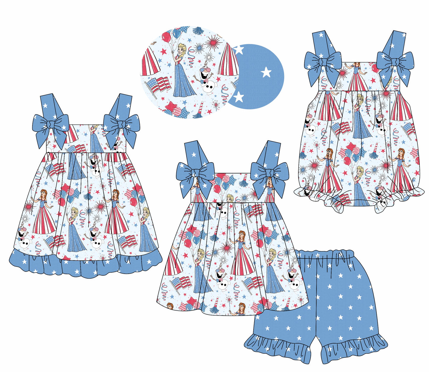 Baby Girl July 4th Princess Flags Sibling Romper Dress Set ( Moq 5 Each Style ) 1.18