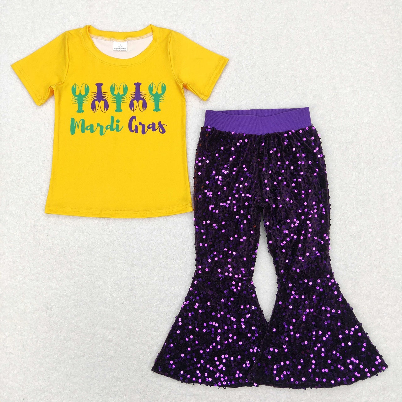 GSPO1356 Mardi Gras Baby Girl Short Sleeves Crawfish Shirt Purple Sequins Pants Set