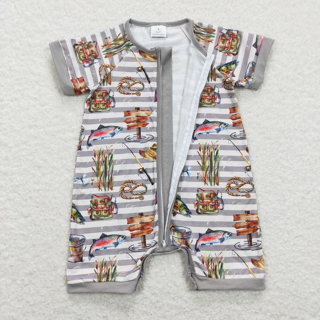 SR0842 Baby Boy Fishing Strips Grey Zipper One Piece Romper