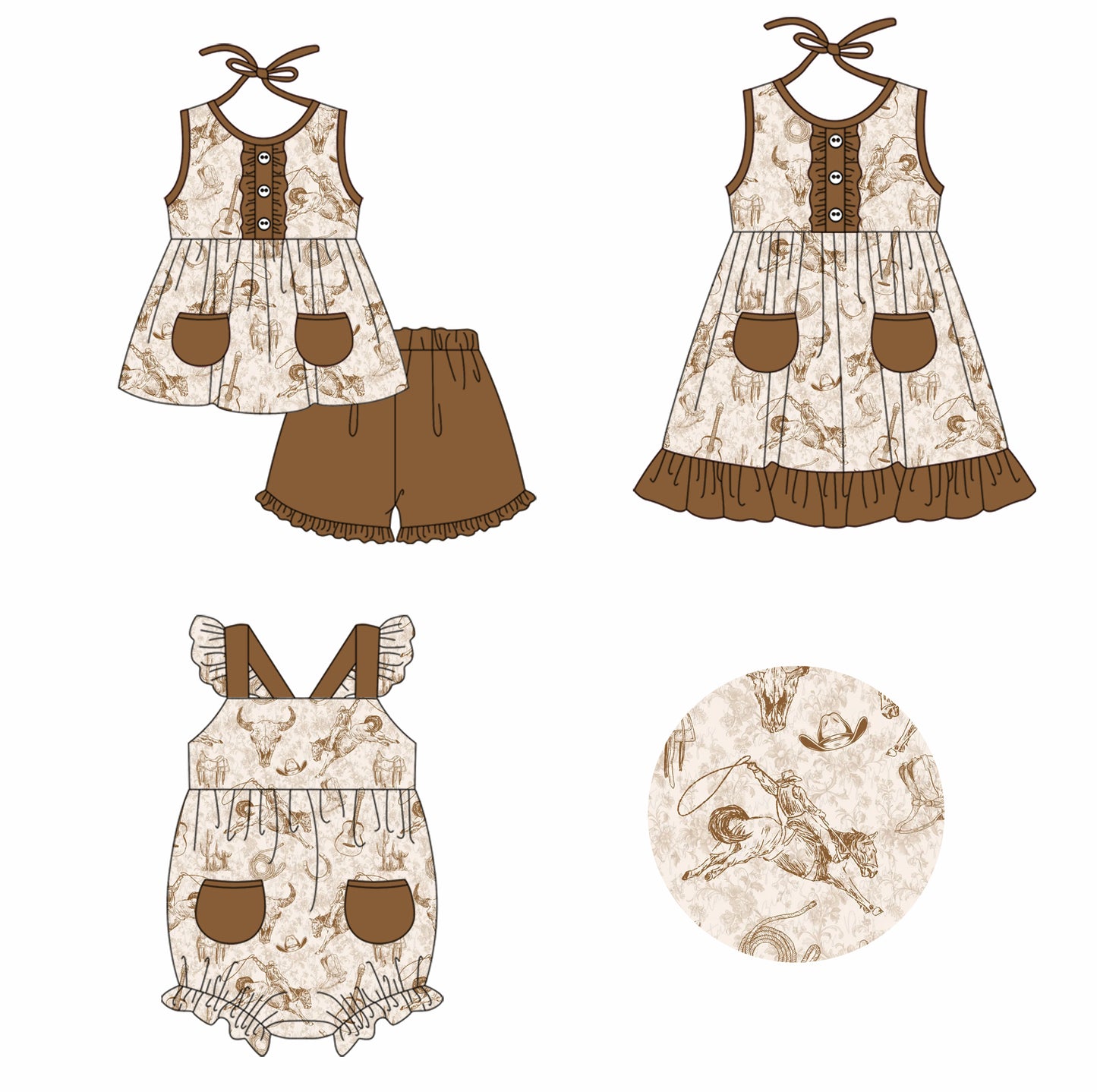 Baby Girl Western Rodeo Guitar Sibling Romper Dress Clothes Set ( Moq 5 Each Design ) 11.26