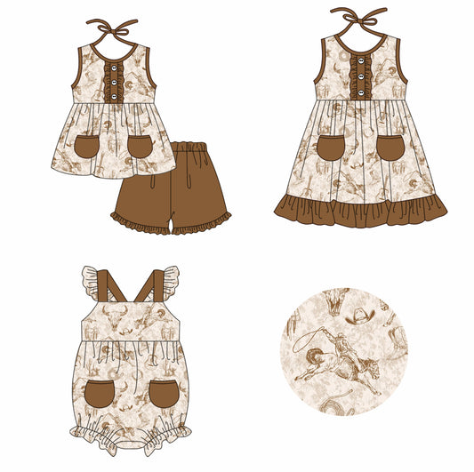 Baby Girl Western Rodeo Guitar Sibling Romper Dress Clothes Set ( Moq 5 Each Design ) 11.26