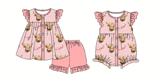 Baby Girl Short Sleeves Cow Bows Pink Sibling Romper Set ( Moq 5 Each Style ) 2.26
