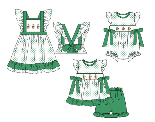 Baby Girl Ducks Dots Sibling Summer Green Romper Dress Clothes Set ( Moq 5 Each Design )11.23