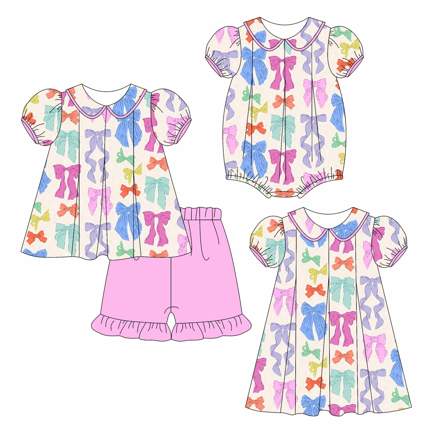 ( Moq 5 Each Style ) Baby Girl Short Sleeves Colorful Bows Sibling Romper Dress Set 3.24