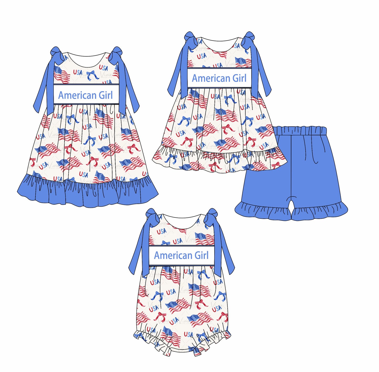 Baby Girl Straps July 4th Flags Sibling Romper Dress Set ( Moq 5 Each Style ) 2.19